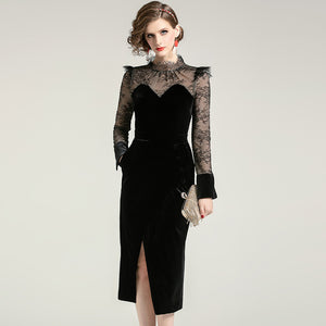 Luxury Slim Velvet Mesh Splicing Long Sleeve Lace Dress
