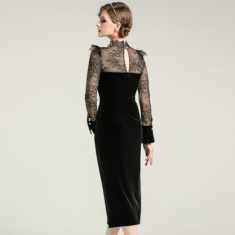Luxury Slim Velvet Mesh Splicing Long Sleeve Lace Dress