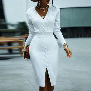 Classy White Knitted Long Sleeve Split Knee Length Dress