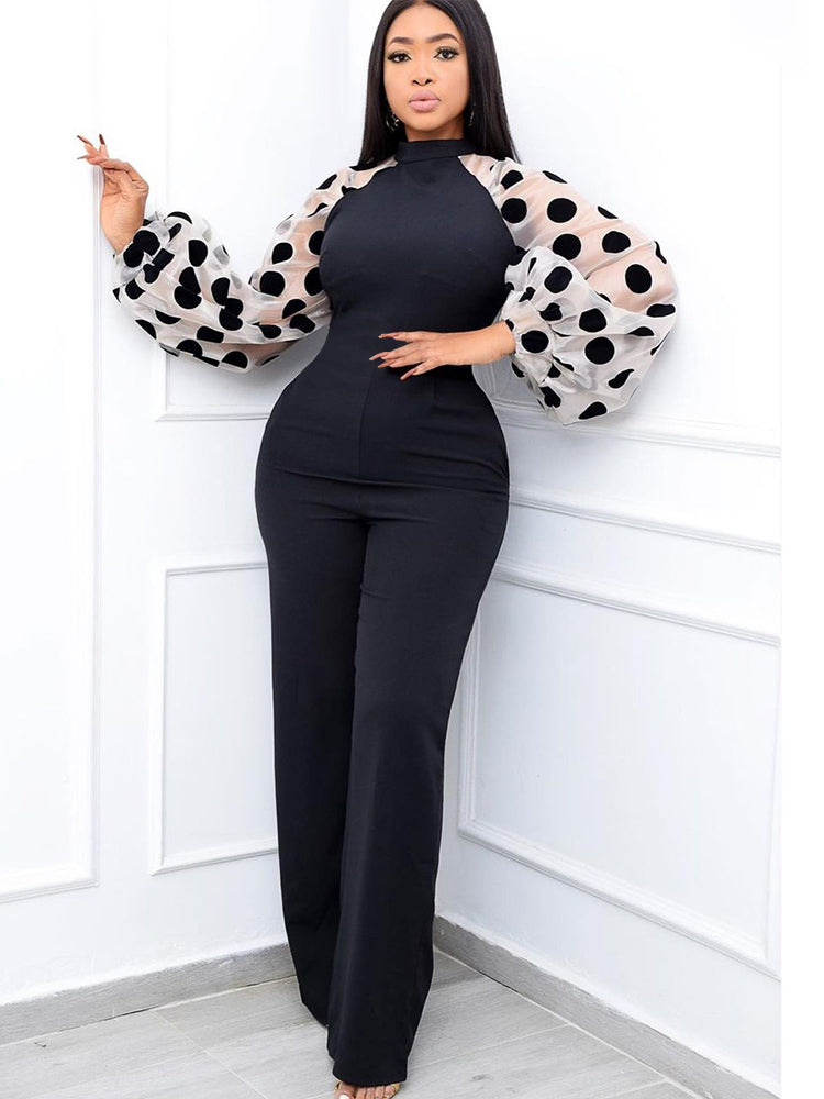 Elegant Polka Dot See-Through High Waist Slim One Piece Outfit Set