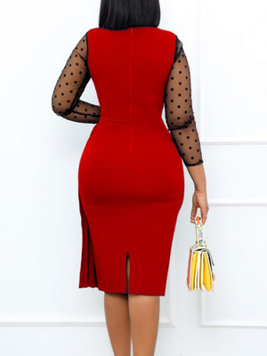 Plus Size See-Through Polka Dot  Mesh Sleeve  Slim Elegant Dress