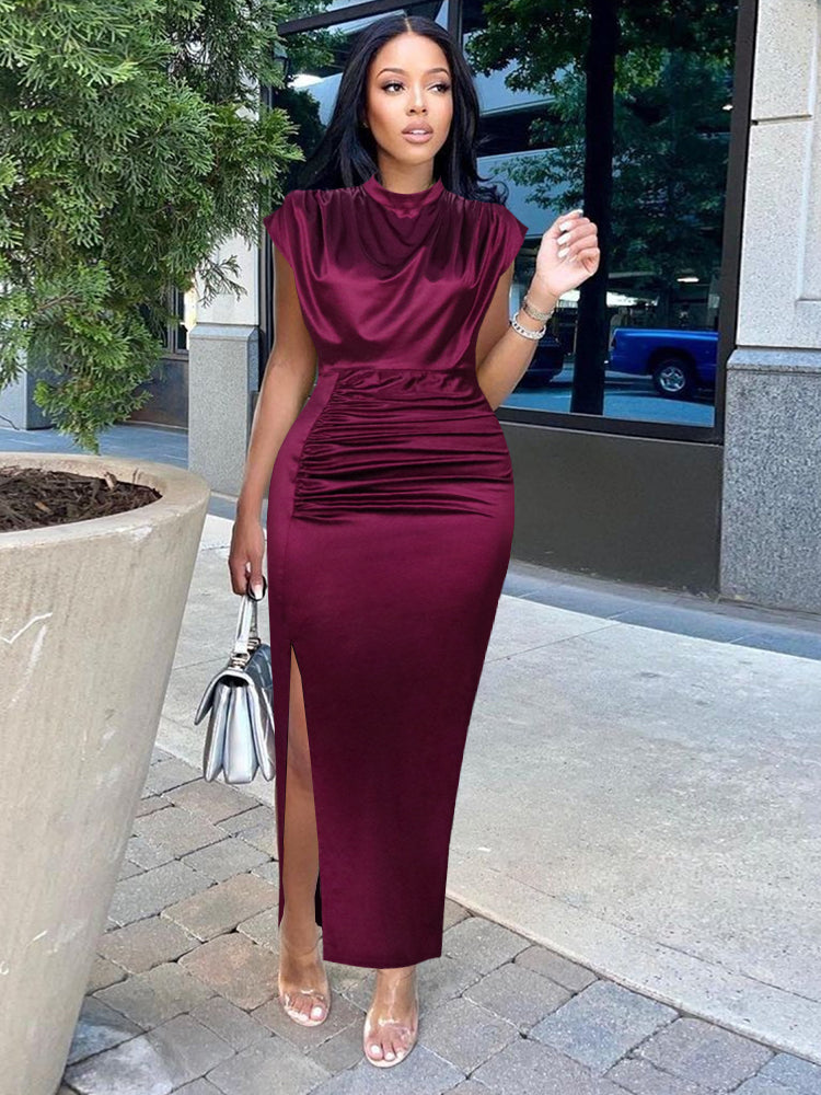 The Classy Long Wine Red Satin Elegant High Collar Slim Fit Sleeveless Shiny Dress comes in 5 Different Colors, Sizes are from Small - 4XL also great to add to your  High-end, Classy, Elegant, Luxury Dress Collection.