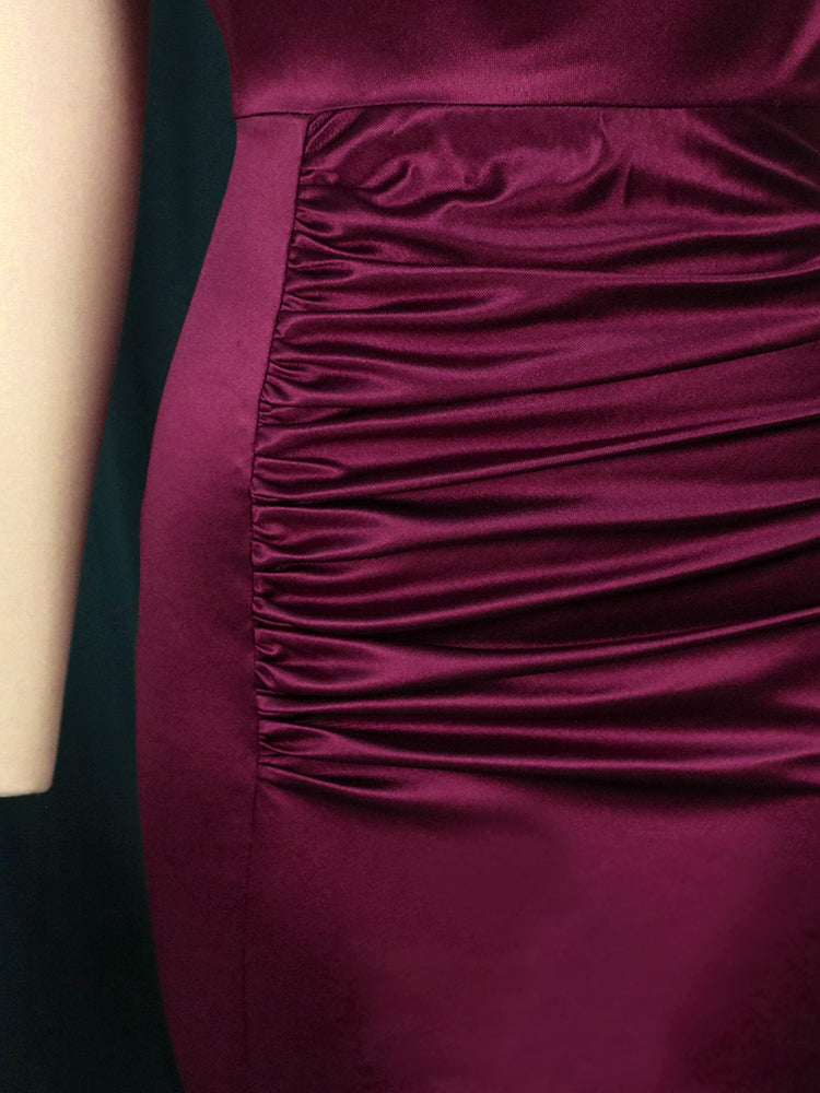 Classy Long Wine Red Satin Elegant High Collar Slim Fit Sleeveless Shiny Dress