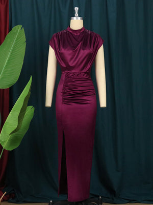 Classy Long Wine Red Satin Elegant High Collar Slim Fit Sleeveless Shiny Dress