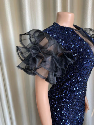 High-end Shiny Velvet Sequins Tulle V Neck Butterfly Sleeves Splice Gown