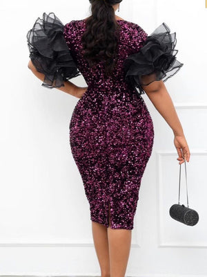 High-end Shiny Velvet Sequins Tulle V Neck Butterfly Sleeves Splice Gown
