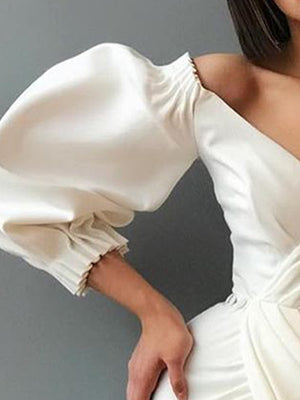 High-Fashion Sexy V Neck Sleeve  Lantern Sleeve  Slit Wrap Robe Dress