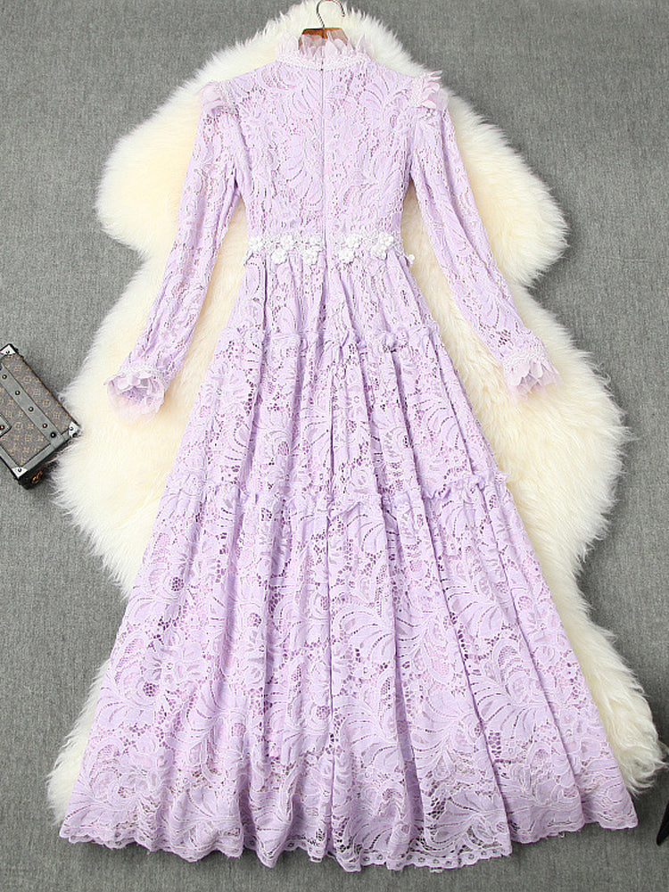 Elegant Floral Long Sleeve Designer Purple Dress