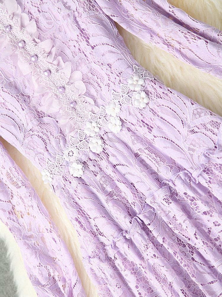 Elegant Floral Long Sleeve Designer Purple Dress