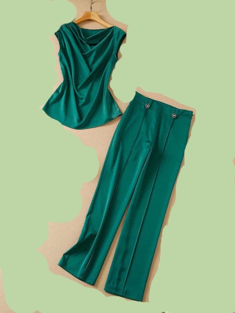 Elegant 2 Piece Sleeveless Satin Outfit Set