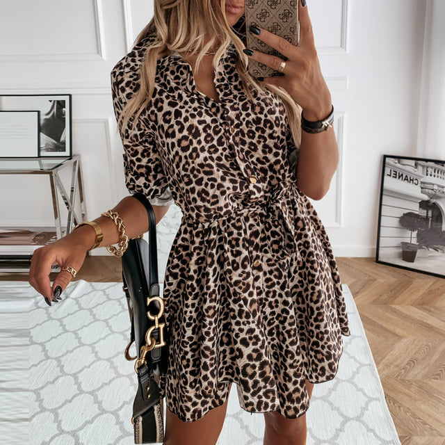 Classy Leopard Long Sleeve Turn-down Collar Mini Dress