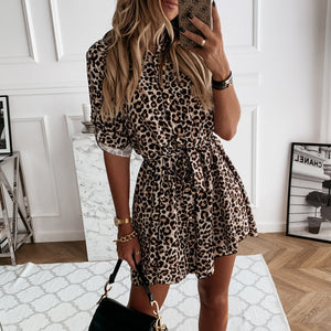 Classy Leopard Long Sleeve Turn-down Collar Mini Dress