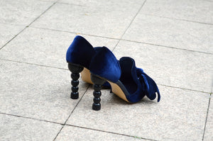 Navy Blue Velvet Designer Pearl Pointed Toe High Heel