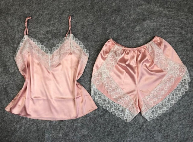 Sexy Satin V-Neck Pajama Lace Set