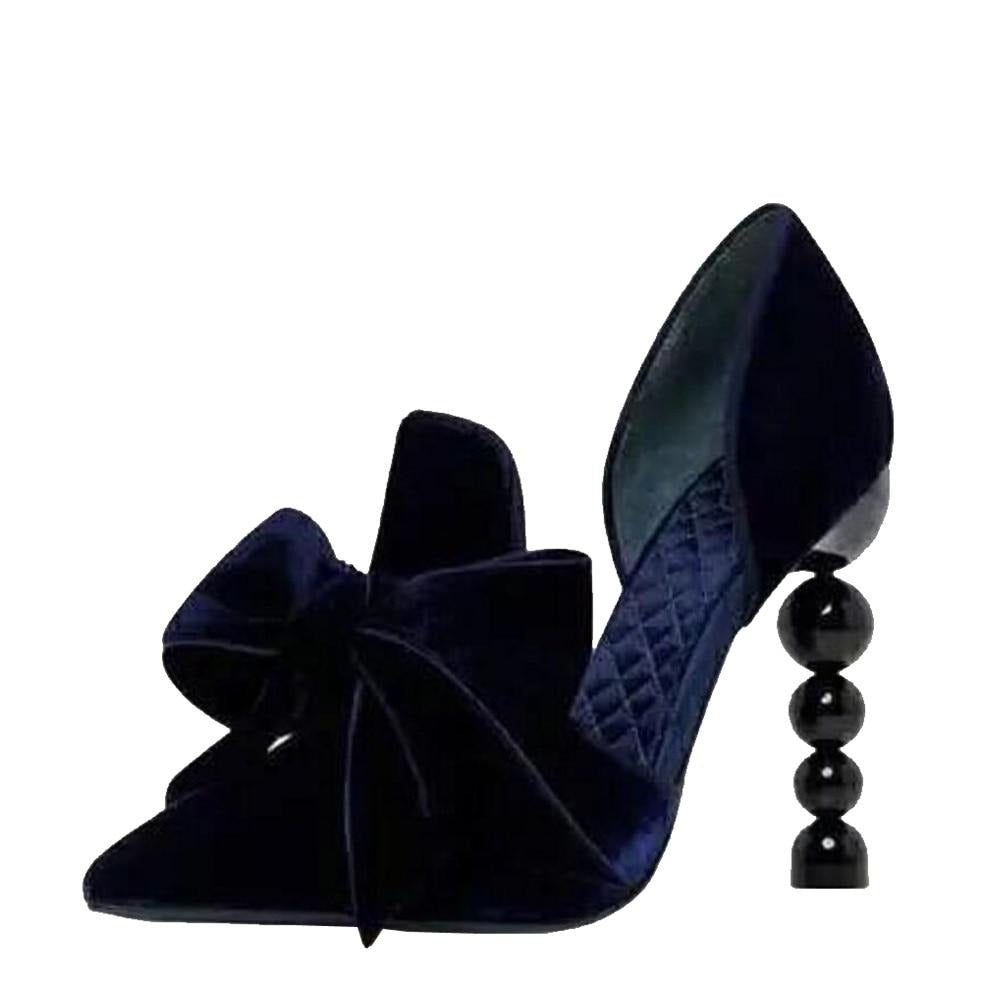 Navy Blue Velvet Designer Pearl Pointed Toe High Heel