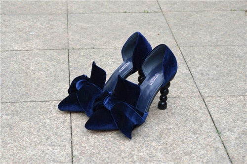 Navy Blue Velvet Designer Pearl Pointed Toe High Heel