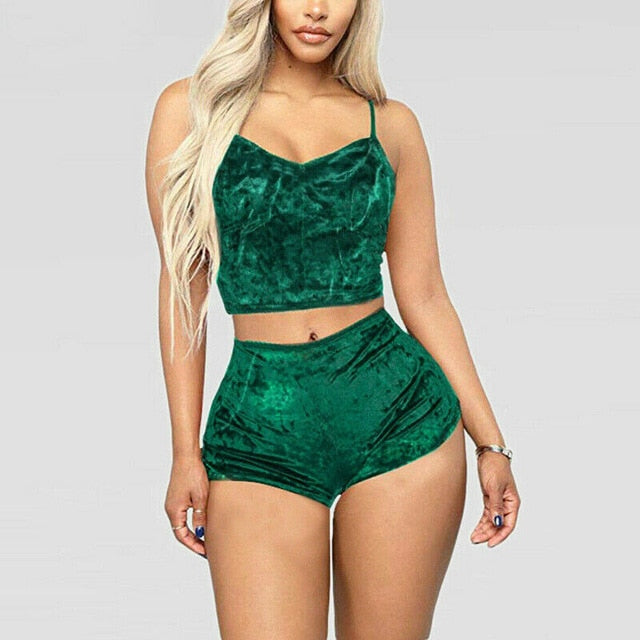 Sexy 2 Piece Velvet Pajama Set