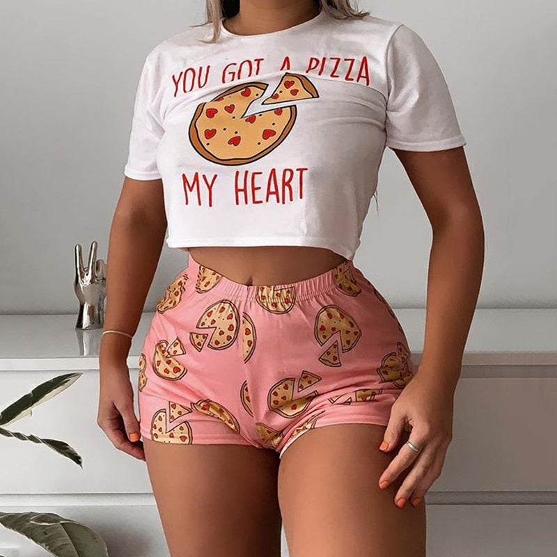 Short Sleeve Crop Top + Shorts Pizza Pattern Pajamas