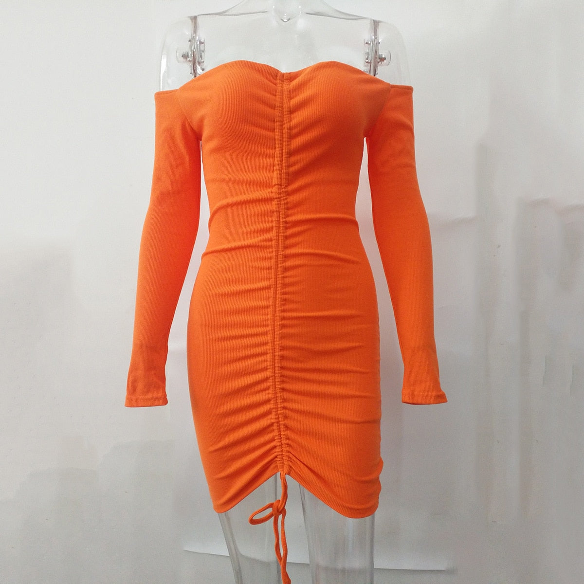 Off-Shoulder Drawstring Ribbed Dress