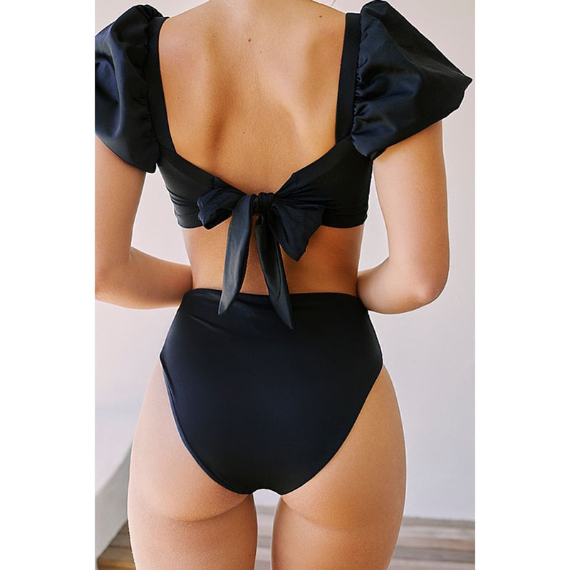 Solid Short Sleeve High Waist Backless Bathing Suit