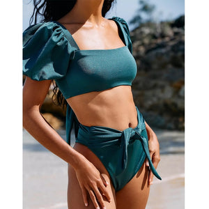 Solid Short Sleeve High Waist Backless Bathing Suit