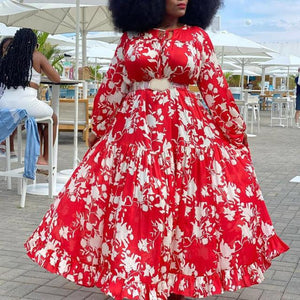 Plus Size African Red Floral Long Sleeve Dress