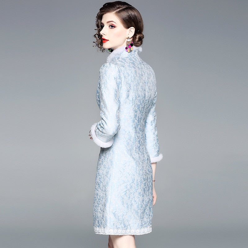 High-end Fur Collar Plush Jacquard Short Cotton Dress