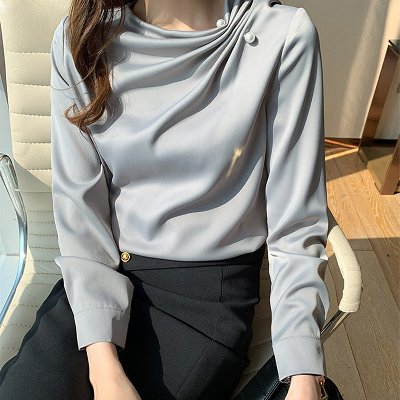 Elegant Chiffon Beading Satin Long Sleeve Blouse - GORGEOUS 271, LLC 