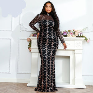 Plus Size Maxi Sequins Elegant High Neck Long Dress