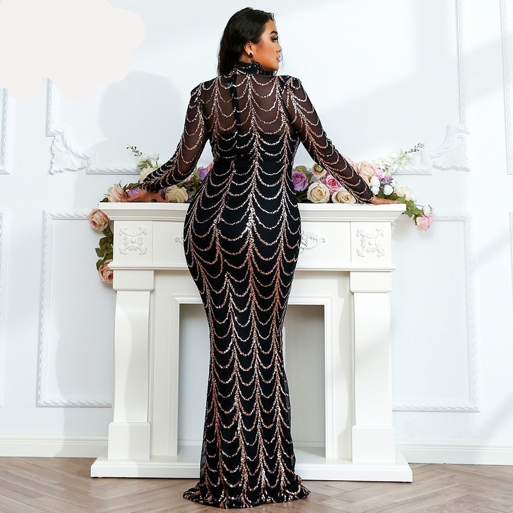 Plus Size Maxi Sequins Elegant High Neck Long Dress