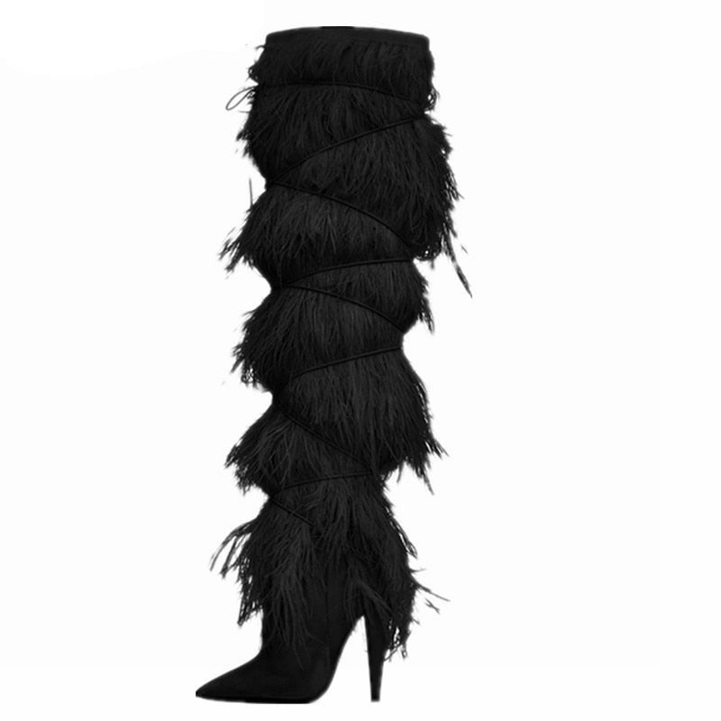 High-end Suede Cross-tied Pointed Toe Over The Knee Feather High Heel - GORGEOUS 271, LLC 