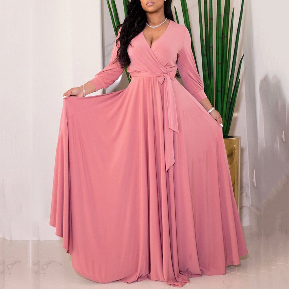 The Elegant High Waist Plus Size Full V Neck A-Line Floor Length Evening Dress comes in 3 Different Colors, Sizes are from Small - 3XL also great to add to your High-end, Luxury, Classy, Elegant Plus Size Dress collection.