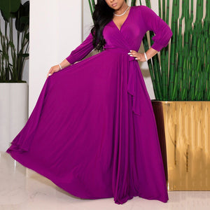 Elegant High Waist Plus Size Full V Neck A-Line Floor Length Evening Dress - GORGEOUS 271, LLC 