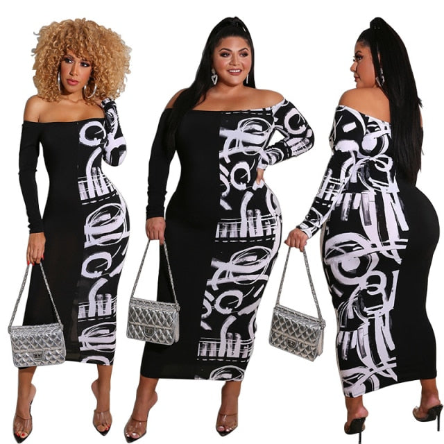 High-end Long Sleeve Off Shoulder Plus Size Designer High Waist Dress