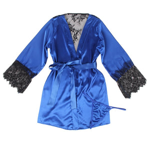 Plus Size Mesh Splicing Lace Long Sleeve Silk Robe