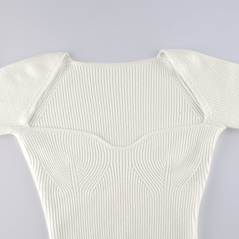Elegant Split Knitted Slim Square Collar Long Sleeve Mini Dress - GORGEOUS 271, LLC 