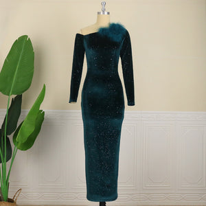 High-end Velvet Feather Shiny Sequin Evening Gown - GORGEOUS 271, LLC 