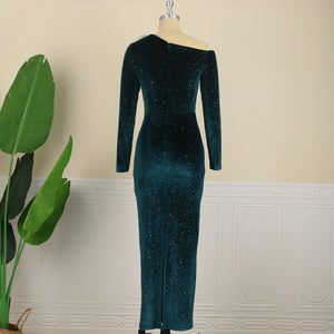 High-end Velvet Feather Shiny Sequin Evening Gown - GORGEOUS 271, LLC 