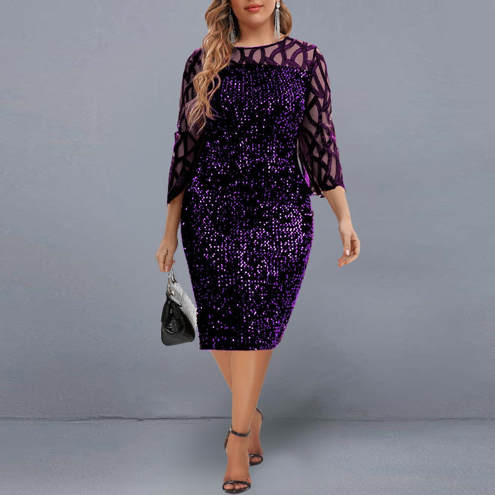 Elegant Sequin Plus Size Mesh Sleeve Round Neck Midi Dress - GORGEOUS 271, LLC 