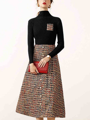 The 2 Piece Vintage Tweed Woolen Top + Skirt Set comes in Only 1 Color/Design, Sizes are from Small - 2XL also great to add to your High-end, Elegant, Vintage 2-piece Outfit set collection.