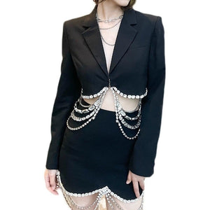 Luxury Crystal Chain Cropped Top Blazer Wrap + Skirts Set