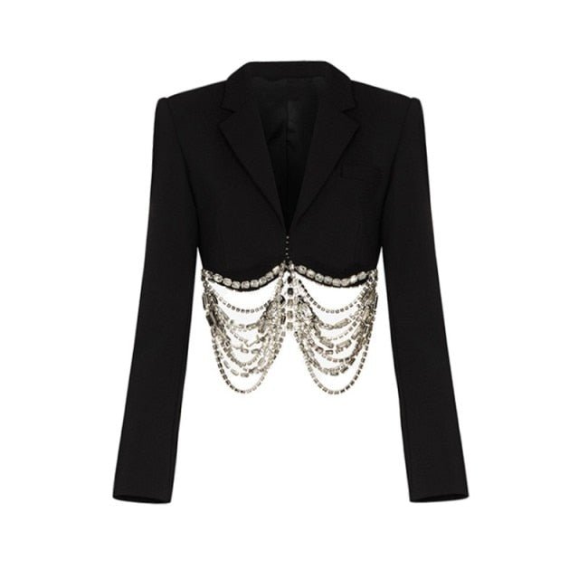 Luxury Crystal Chain Cropped Top Blazer Wrap + Skirts Set