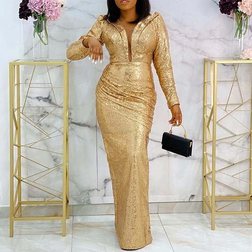 Luxury Golden Long Sleeve Sexy V Neck African Dress - GORGEOUS 271, LLC 