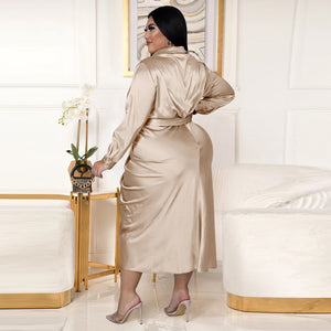 High-end Plus Size Long Sleeve Large Curvy Pleated Robe Dress - GORGEOUS 271, LLC 