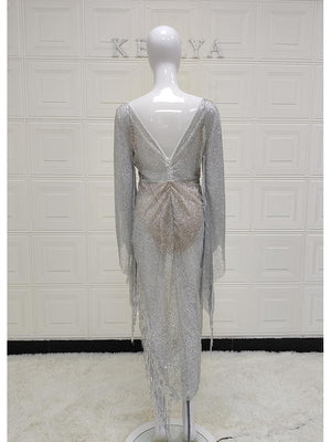 Sequin V-neck White Tassel Long High Split Dress