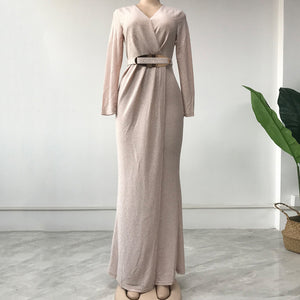 Plus Size Shiny V Neck Classy Evening Maxi Dress - GORGEOUS 271, LLC 