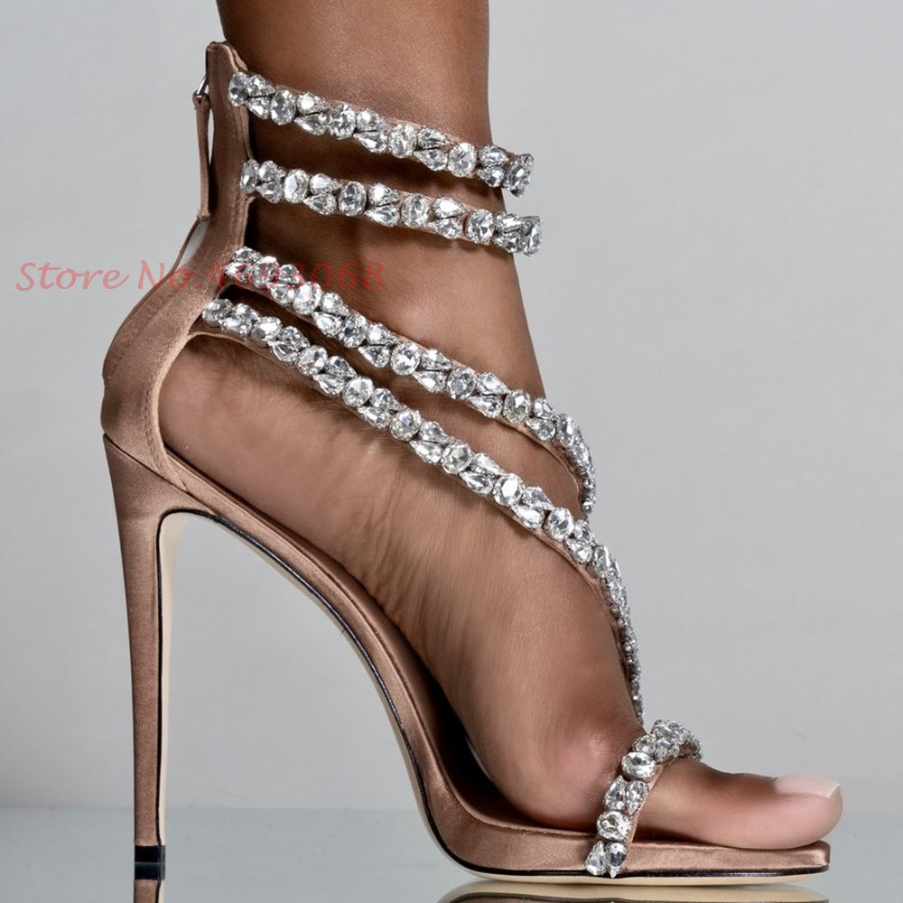 High-end Diamond Straps Back Zipper Ankle Thin High Heels - GORGEOUS 271, LLC 
