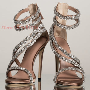 High-end Diamond Straps Back Zipper Ankle Thin High Heels - GORGEOUS 271, LLC 