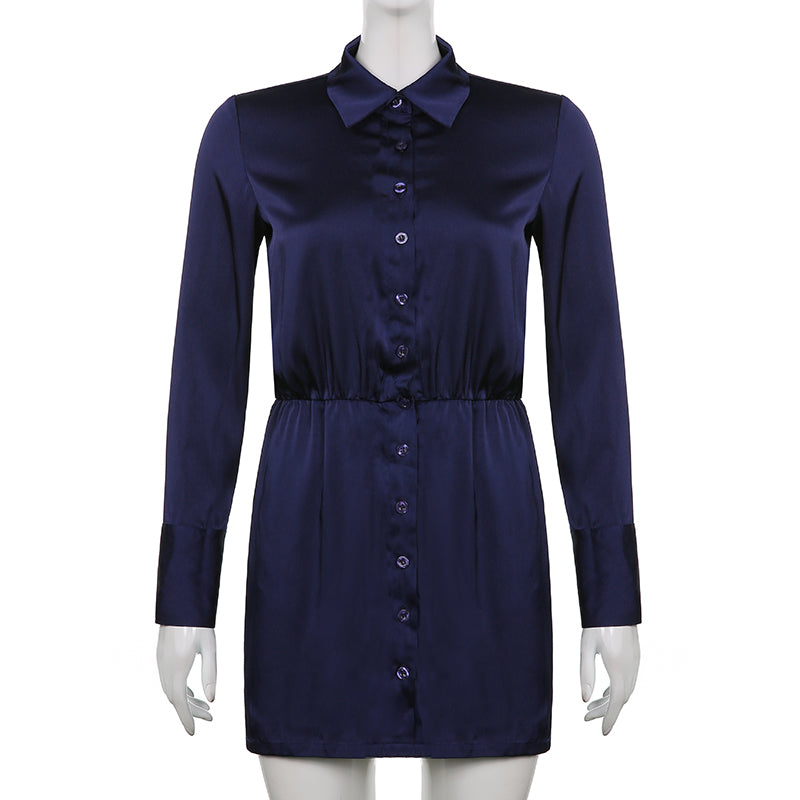 Elegant Solid Satin Turn-Down Long Sleeve Mini Dress - GORGEOUS 271, LLC 