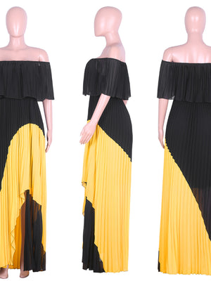 High-end Pleated Patchwork Long Classy Off Shoulder Maxi African Dress - GORGEOUS 271, LLC 